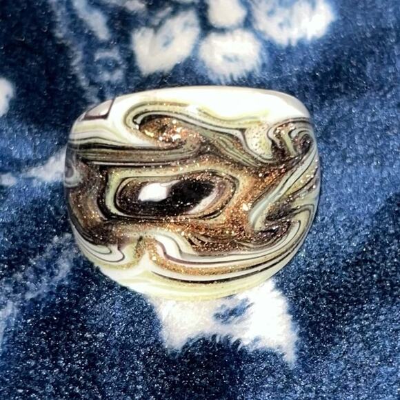 Hand Blown Murano Glass Ring: Lampwork Swirl Jewelry, Size 6  Rare Murano Style Glass Swirls Ring Gold White Black